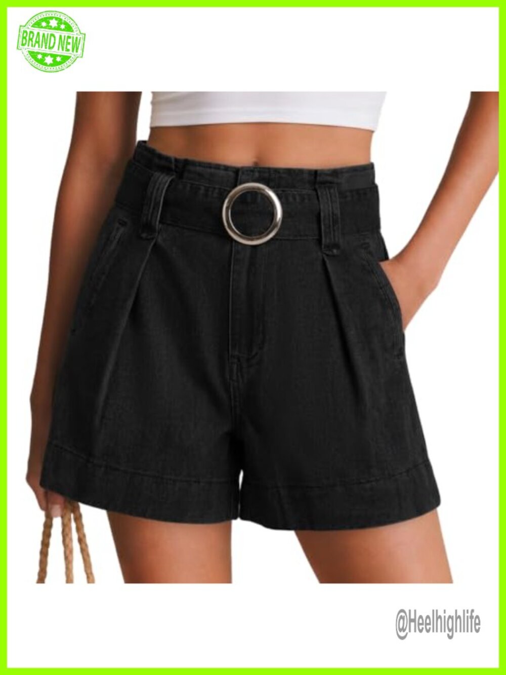 High Waisted Wide Leg Pleated Denim Jean Shorts with Belt